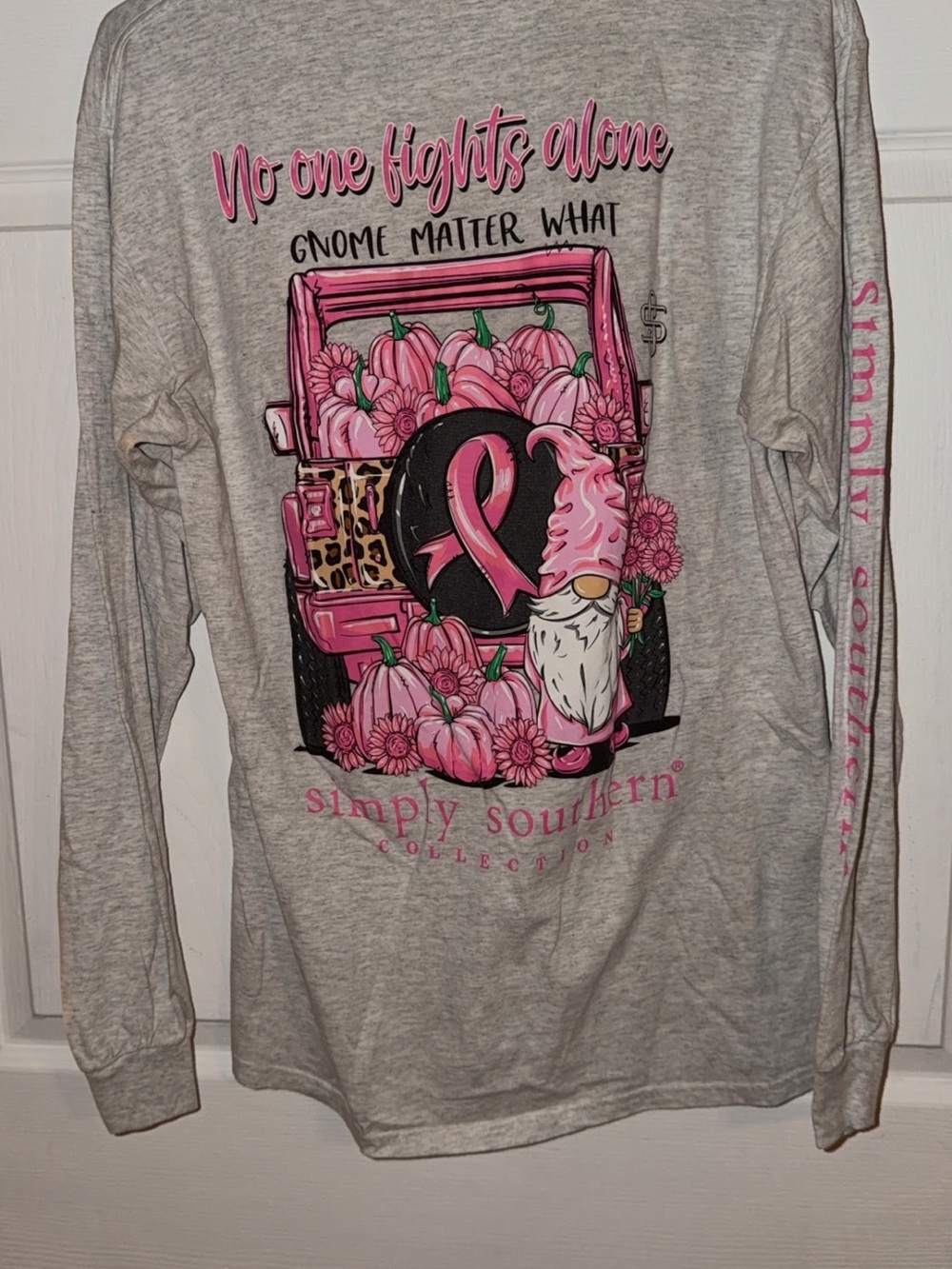Simply Southern Gray Tee with Pink Gnome & Breast Cancer Ribbon Graphic